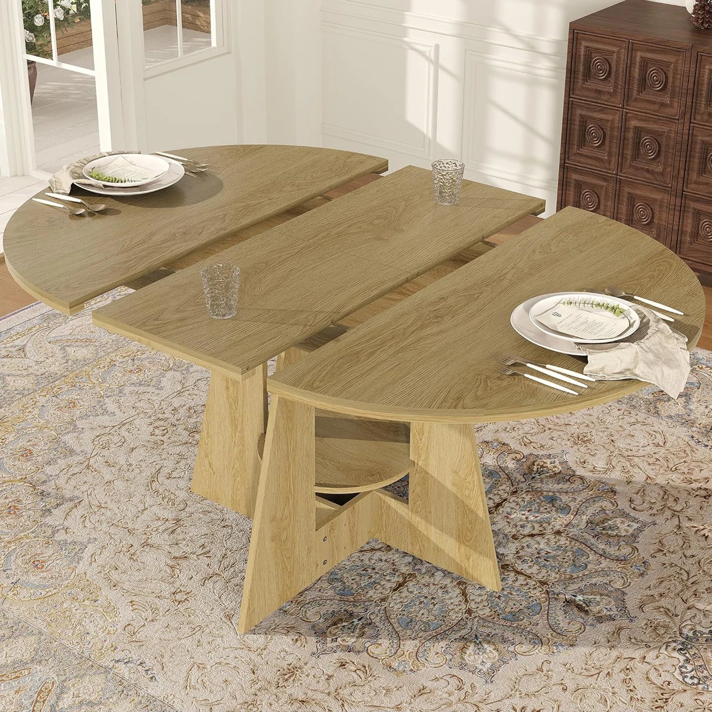HiMISS Extendable Round Dining Table with Storage Pedestal Base