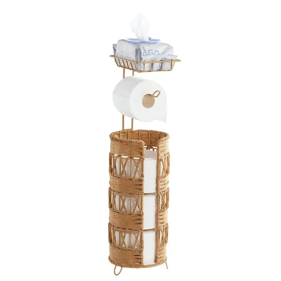 XMSJ Handmade Rattan Toilet Paper Holder Stand for Mega Rolls