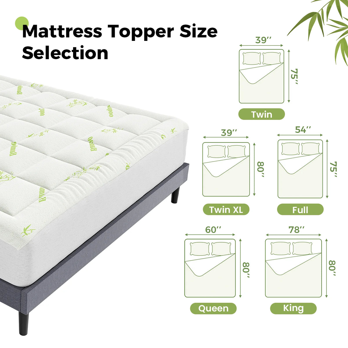 JHK Bamboo Fiber Mattress Topper Deep Pockets Cooling Breathable Comfort