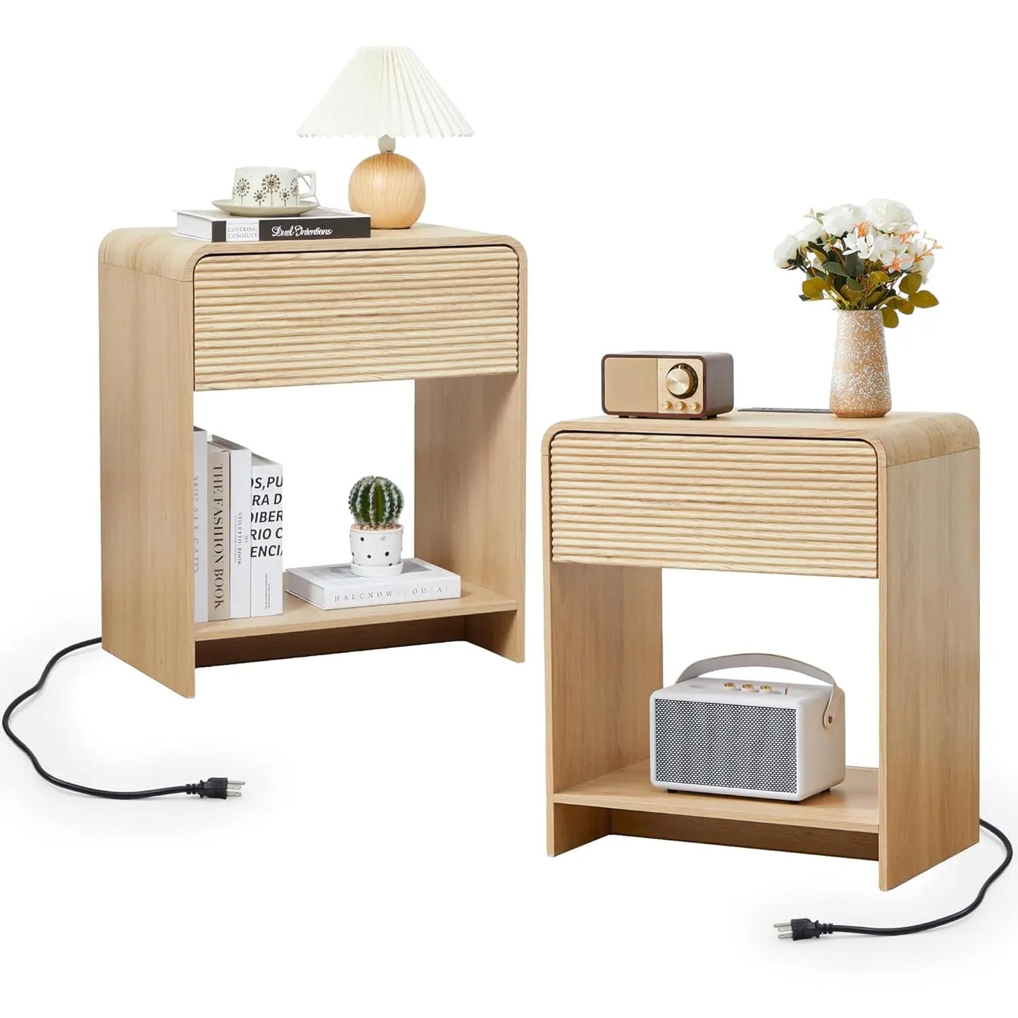 Fluted Nightstand Set Of 2 With Charging Station And Drawer