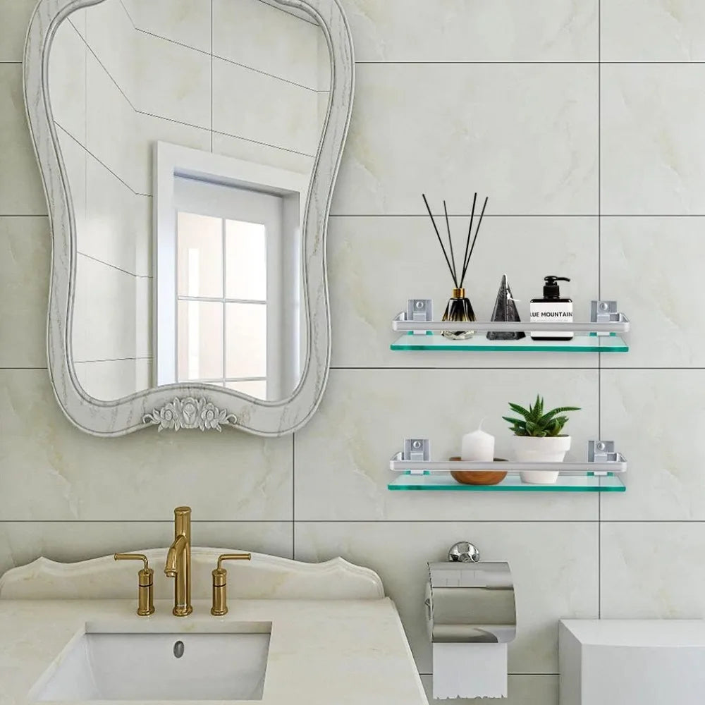 2 Pack Tempered Glass Bathroom Shelf With Rail Wall Mounted