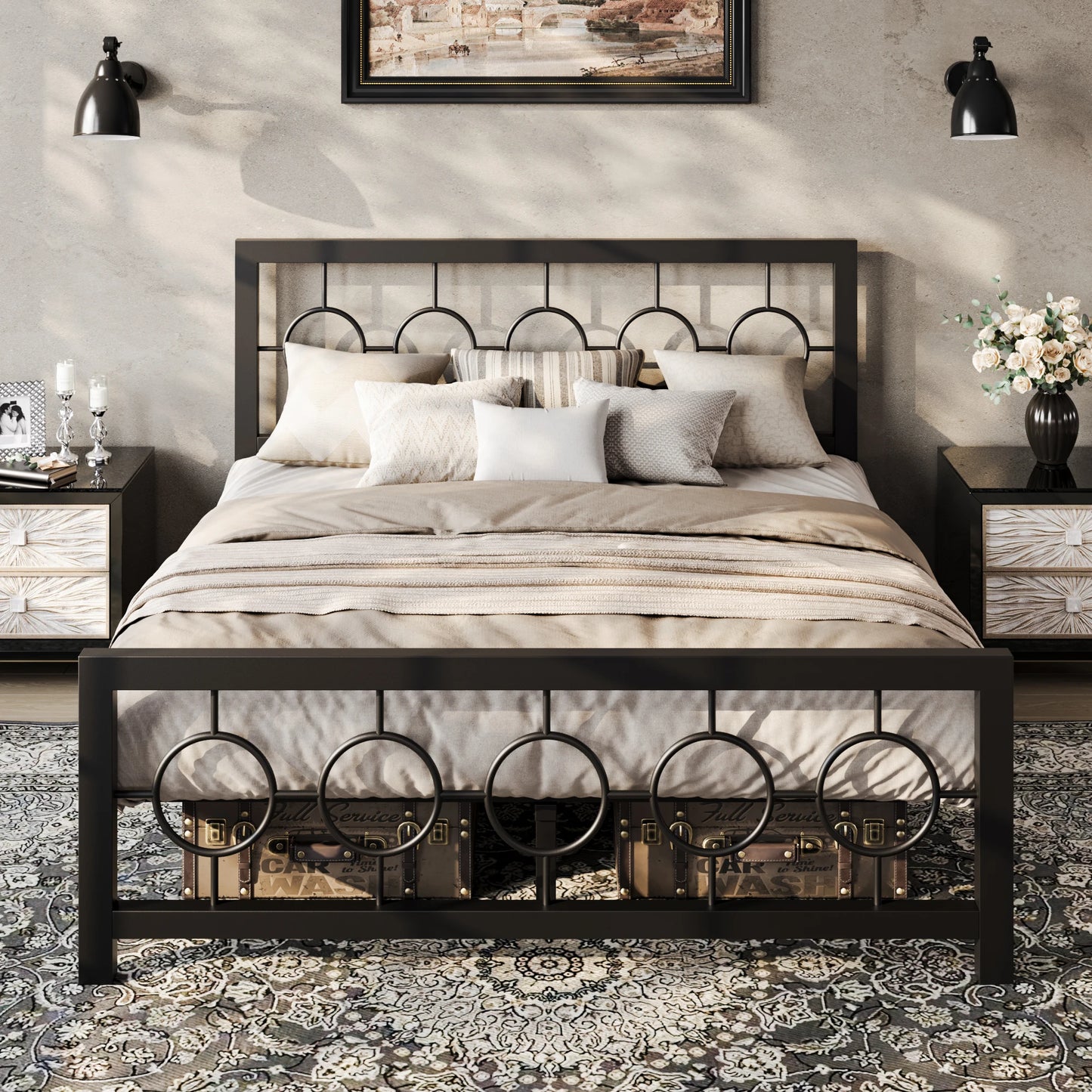 HOOMIC Metal Platform Bed Frame With Vintage Circular Headboard