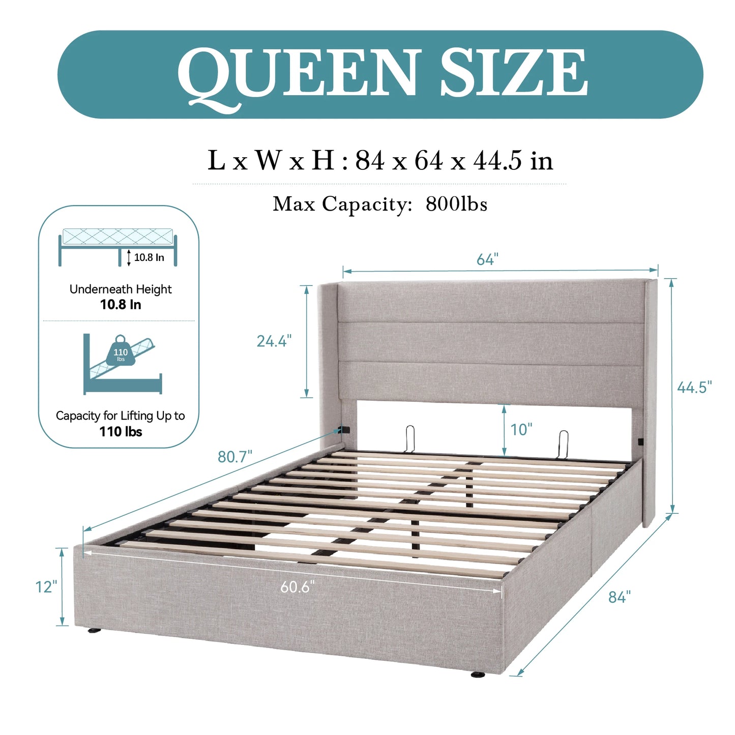 HOOMIC Lift Up Storage Bed With Wingback Headboard Underbed Storage