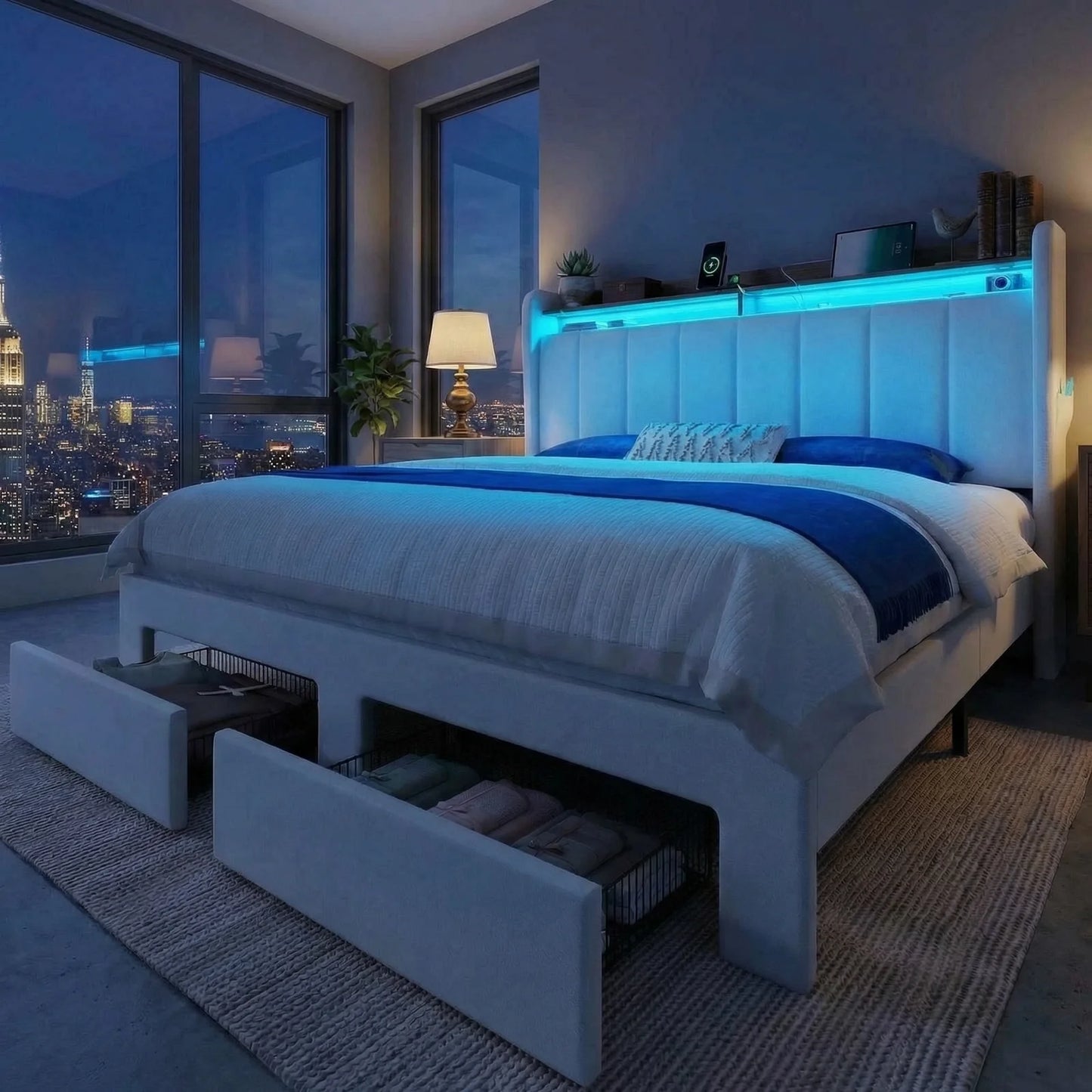 HOOMIC Bed Frame With Storage Drawers Shelves LED Lights Charging