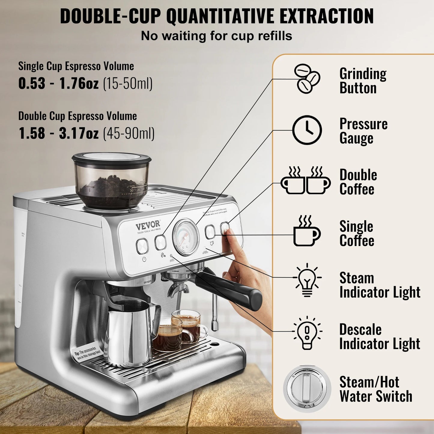 Vevor Semi Automatic Espresso Machine Grinder 15 Bar Milk Frother