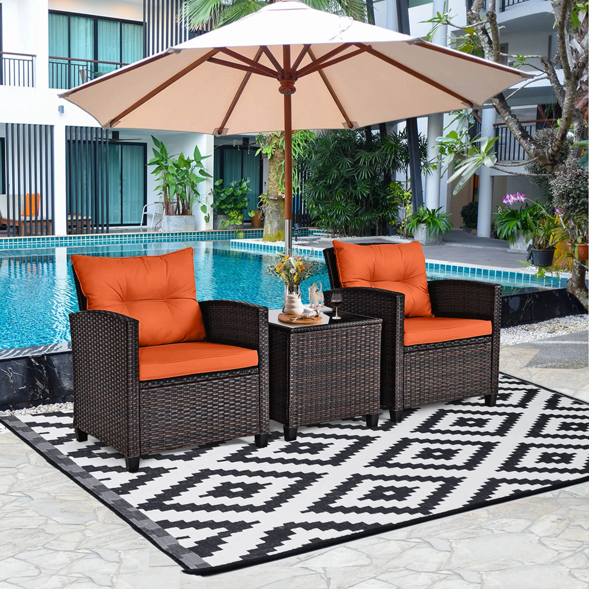 HOMASIS 3 Piece Outdoor Rattan Conversation Sofa Cushioned Furniture Set