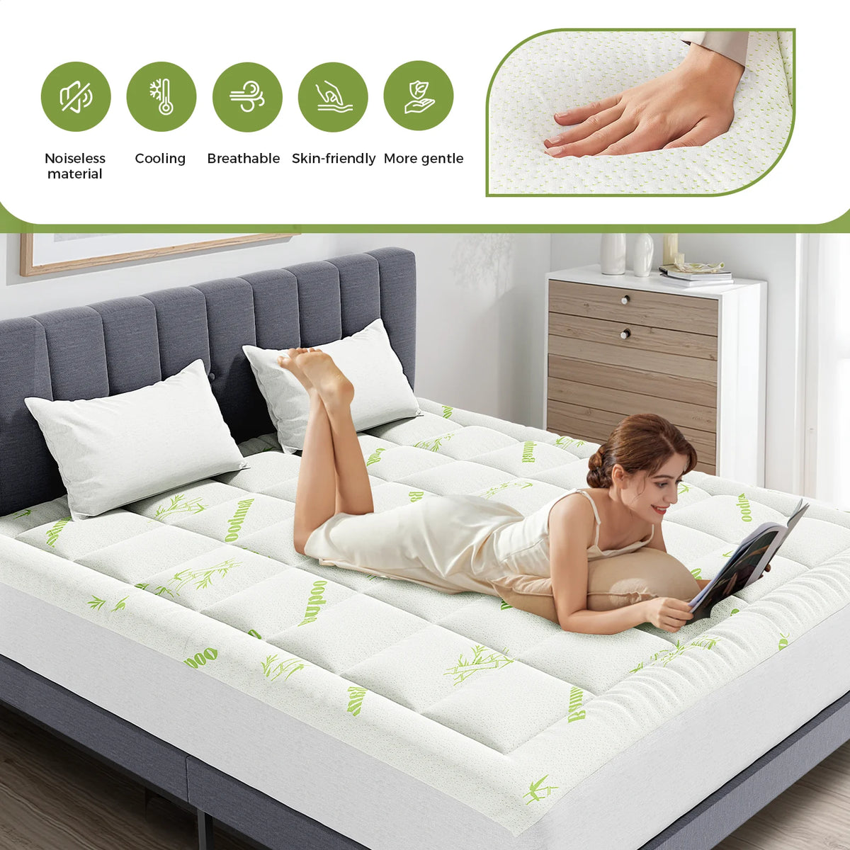 JHK Bamboo Fiber Mattress Topper Deep Pockets Cooling Breathable Comfort