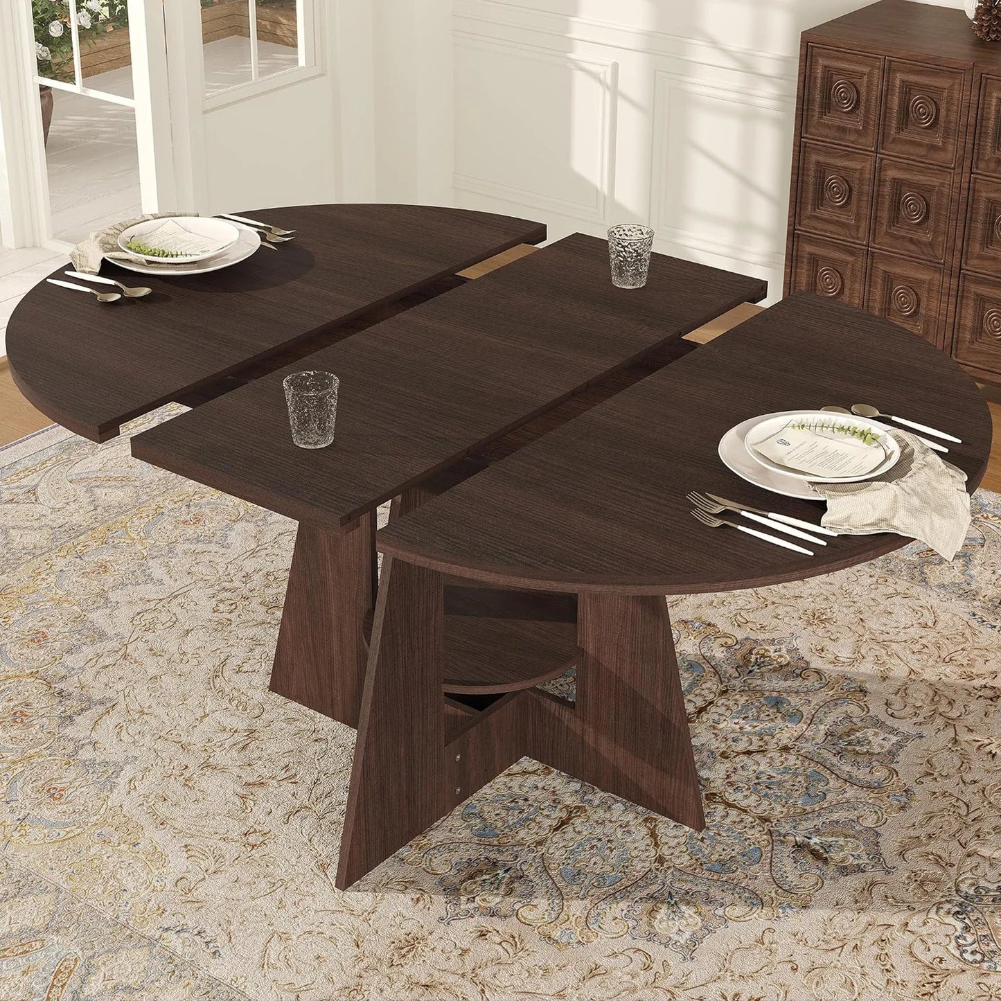 HiMISS Extendable Round Dining Table with Storage Pedestal Base