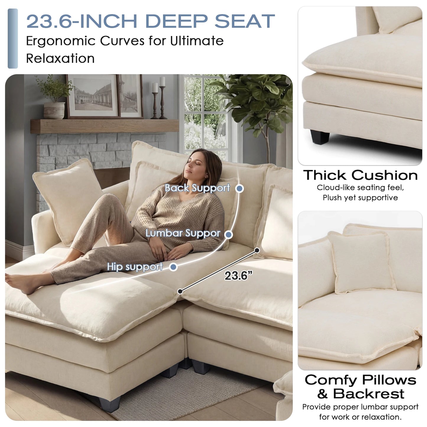 Modular Sectional Sofa With Ottoman And Solid Wood Frame