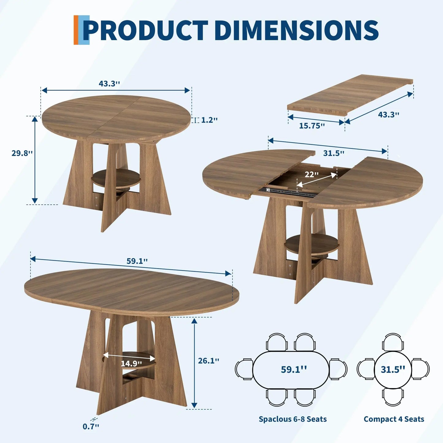 HiMISS Extendable Round Dining Table Storage Pedestal Base Wood Modern