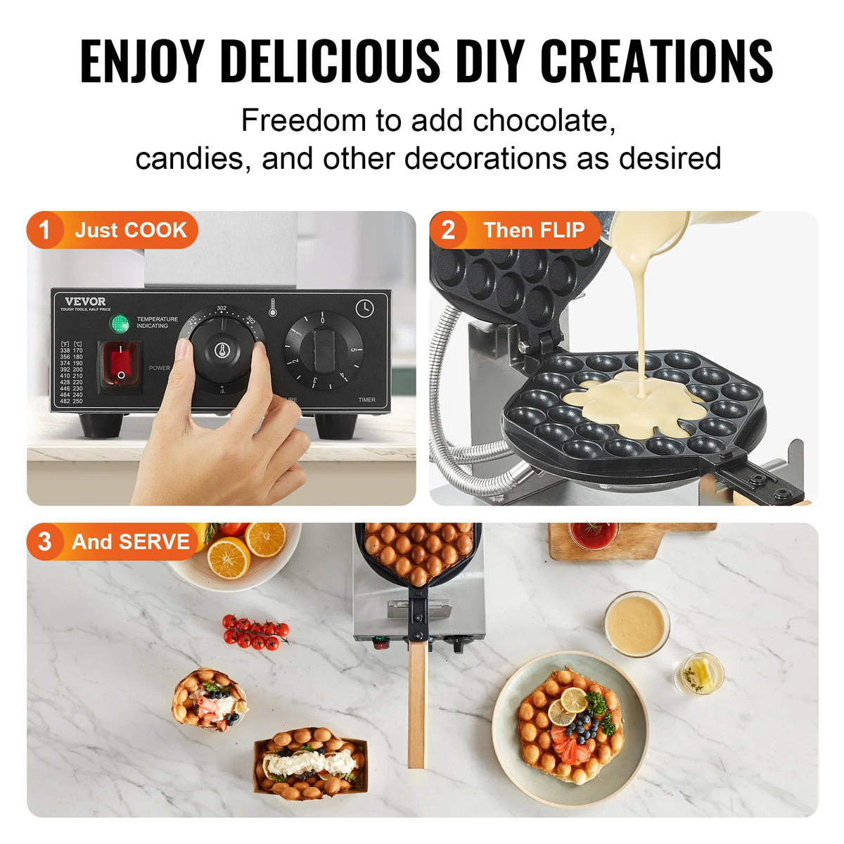 VEVOR Commercial Bubble Waffle Maker 1400W Stainless Steel Wooden Handle