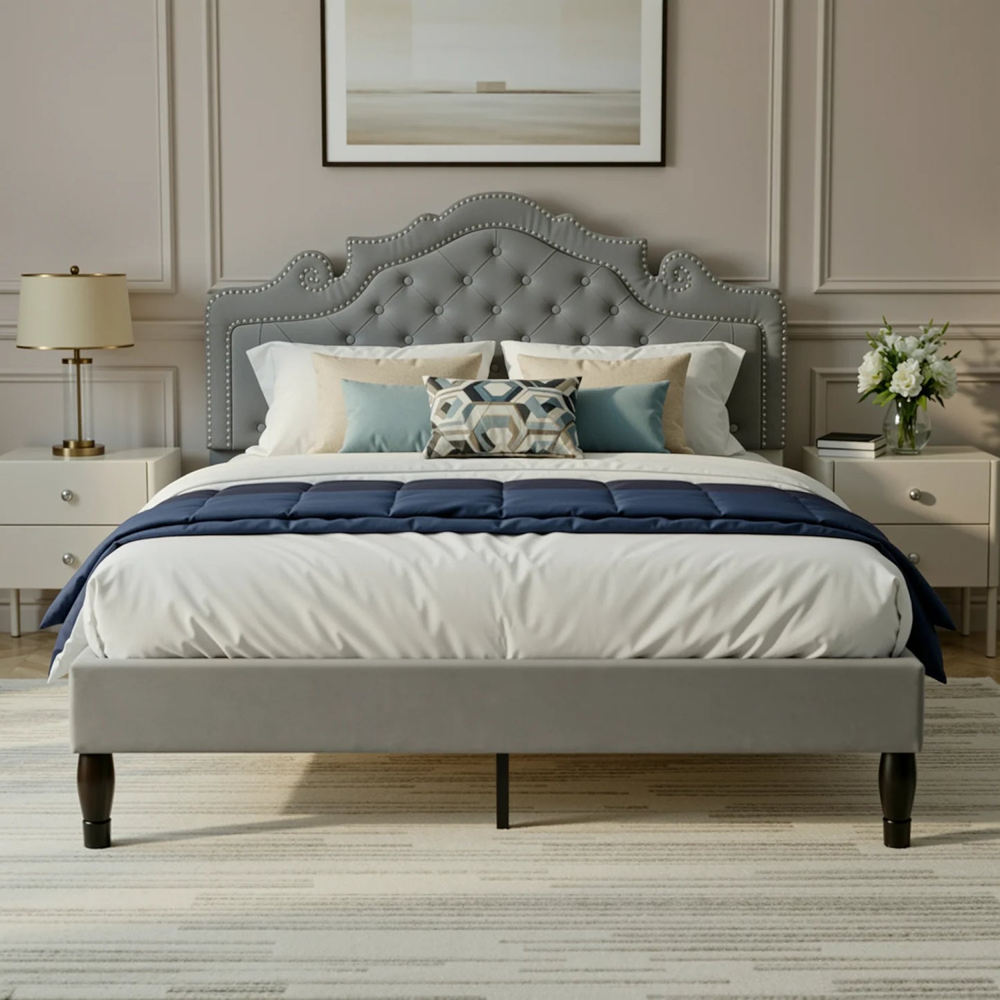 HOOMIC Velvet Bed Frame With Adjustable Tiara Headboard And Diamond Tufting