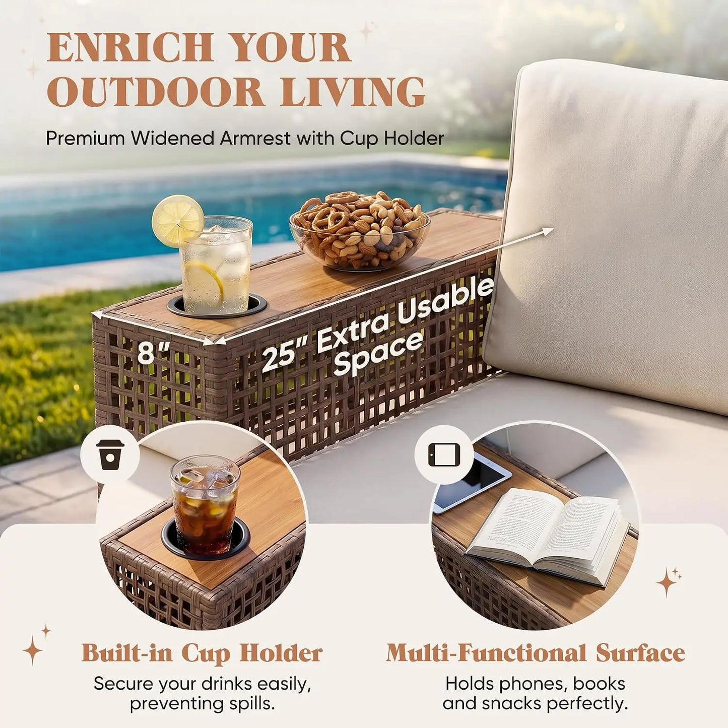 Outdoor Patio Wicker Sectional Sofa Set Cup Holder Glass Table