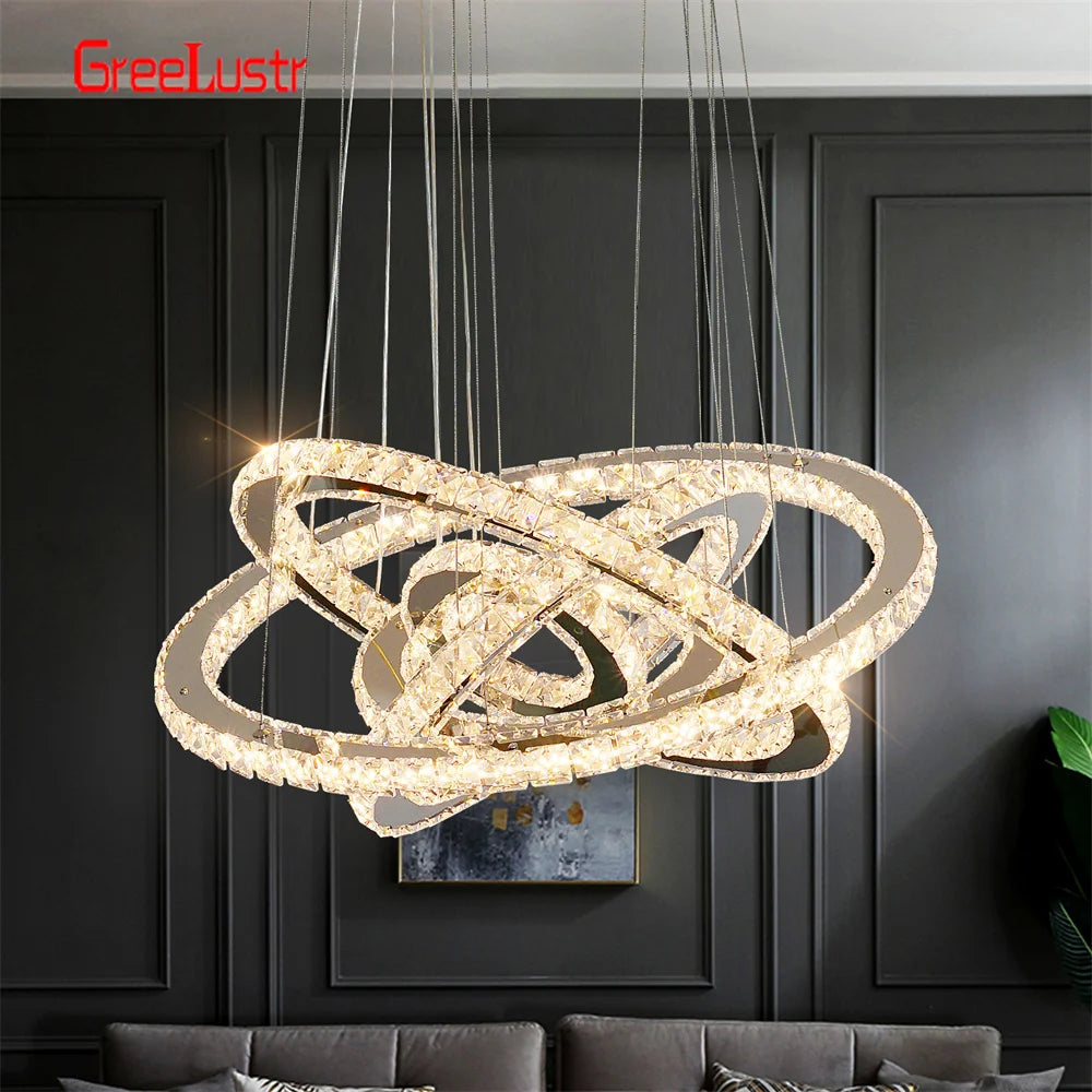 GreeLustr Modern Crystal Chrome Led Pendant Light Adjustable Ring Chandelier