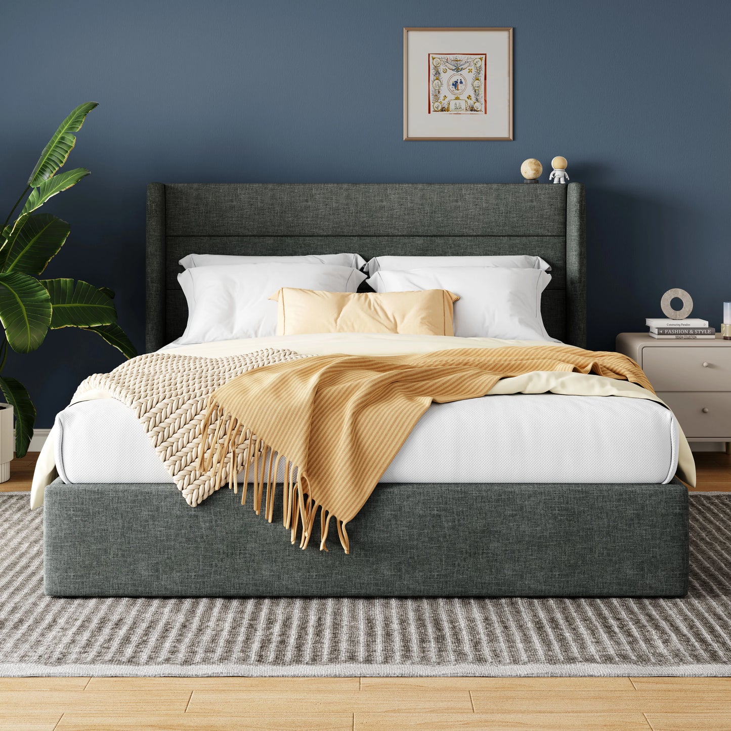 HOOMIC Lift Up Storage Bed With Wingback Headboard Underbed Storage