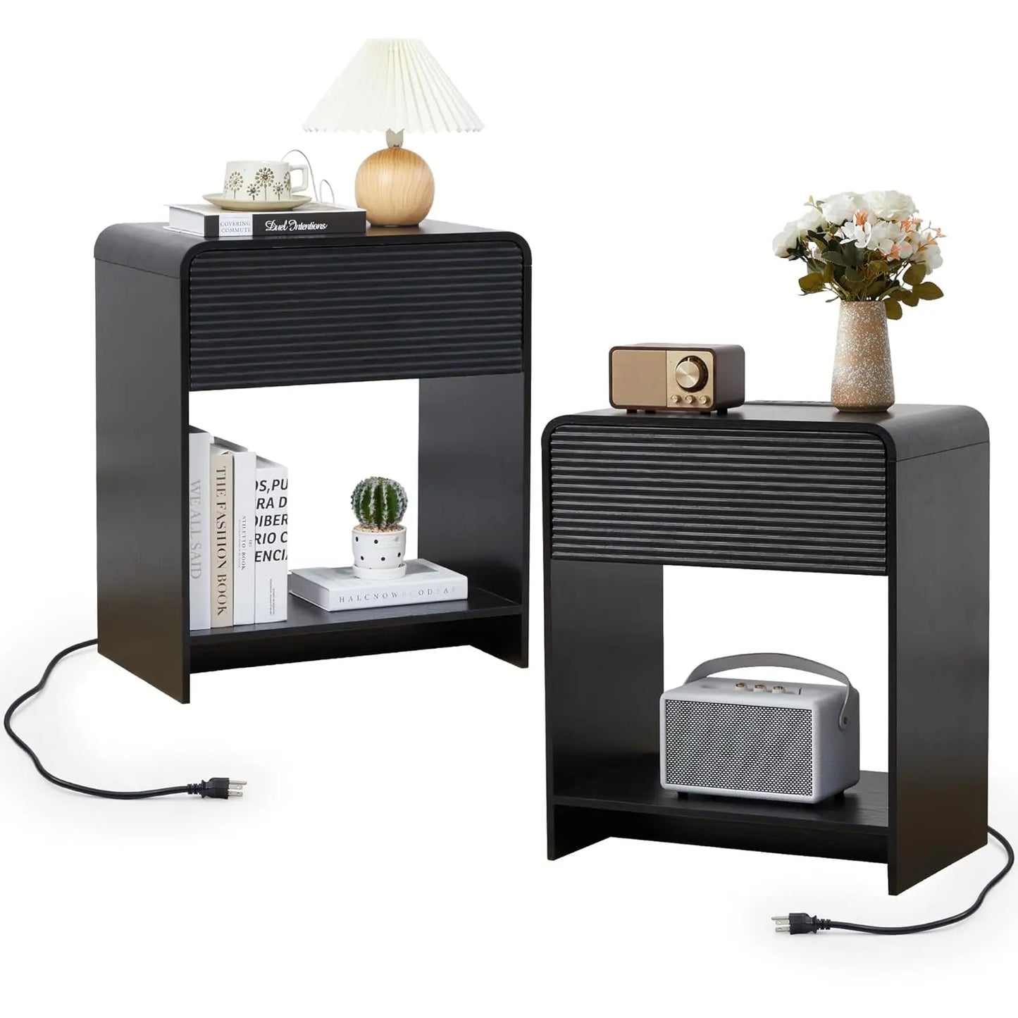 Fluted Nightstand Set Of 2 With Charging Station And Drawer