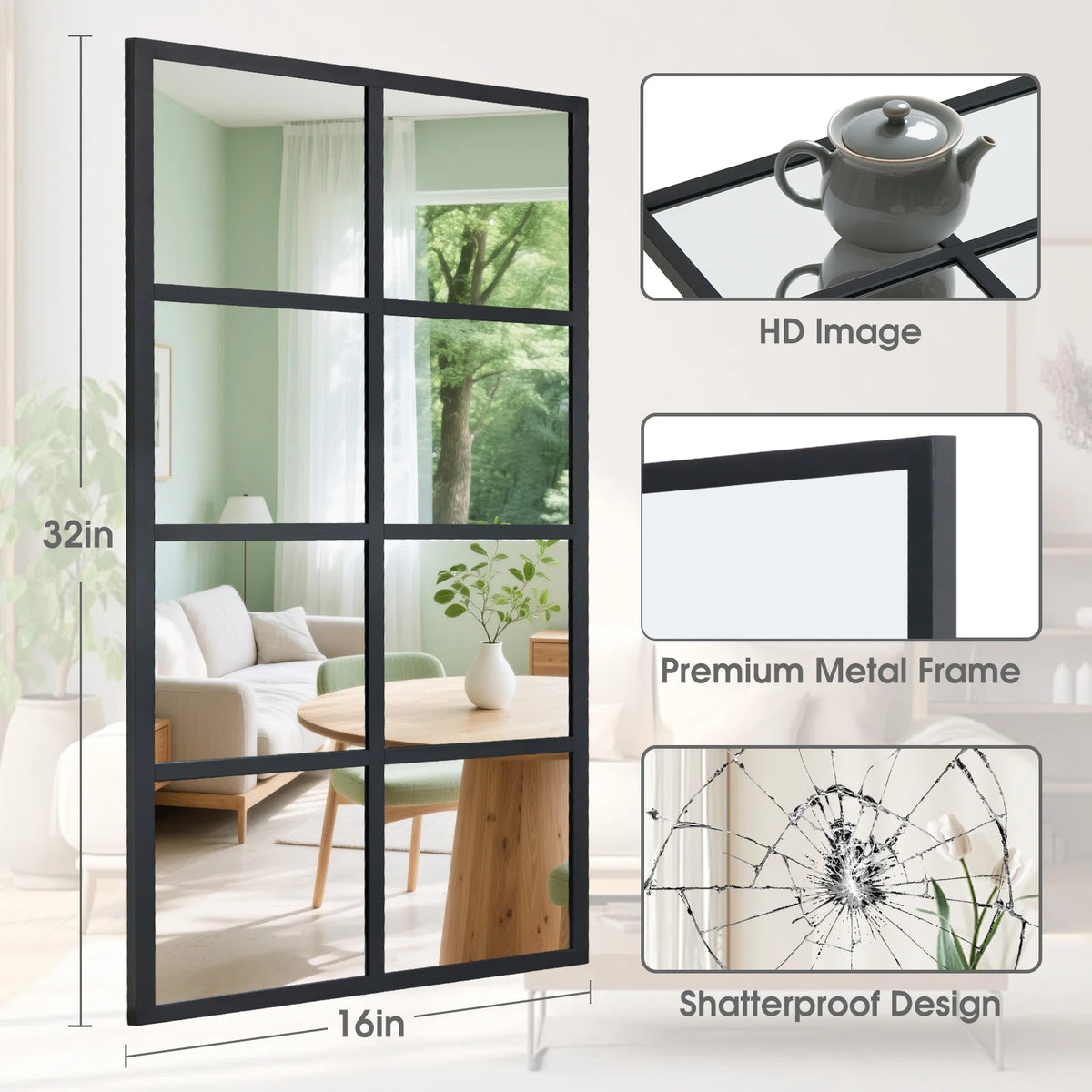 JHK Full Body Wall Mirrors Metal Framed Rectangle Window Decor
