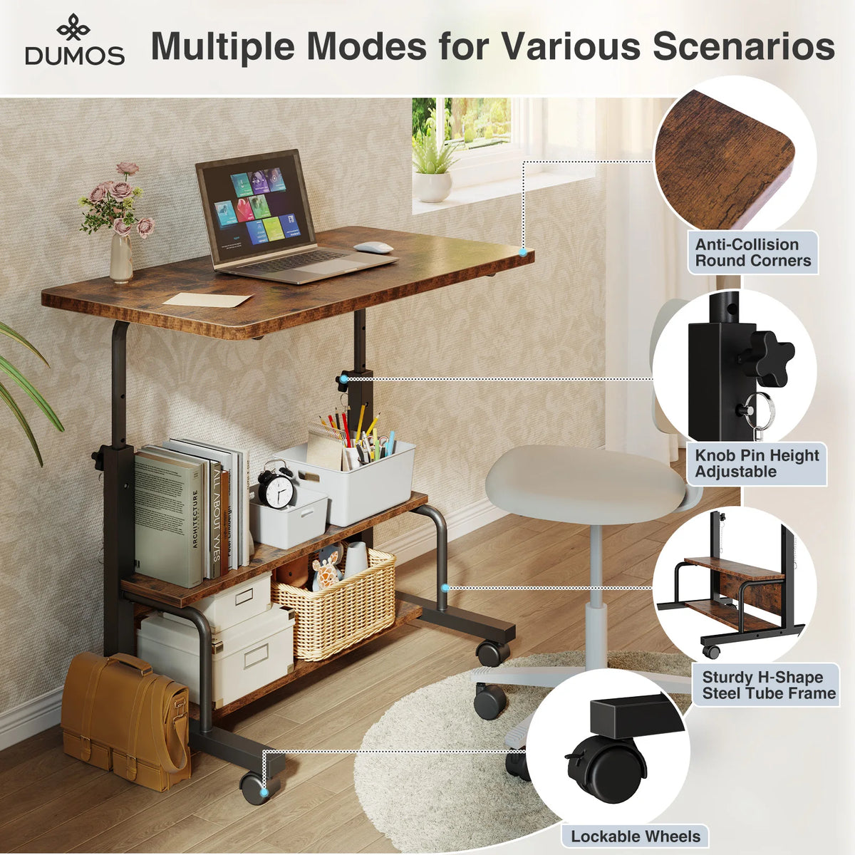 JHK Adjustable Height Mobile Standing Desk Locking Wheels Metal Frame
