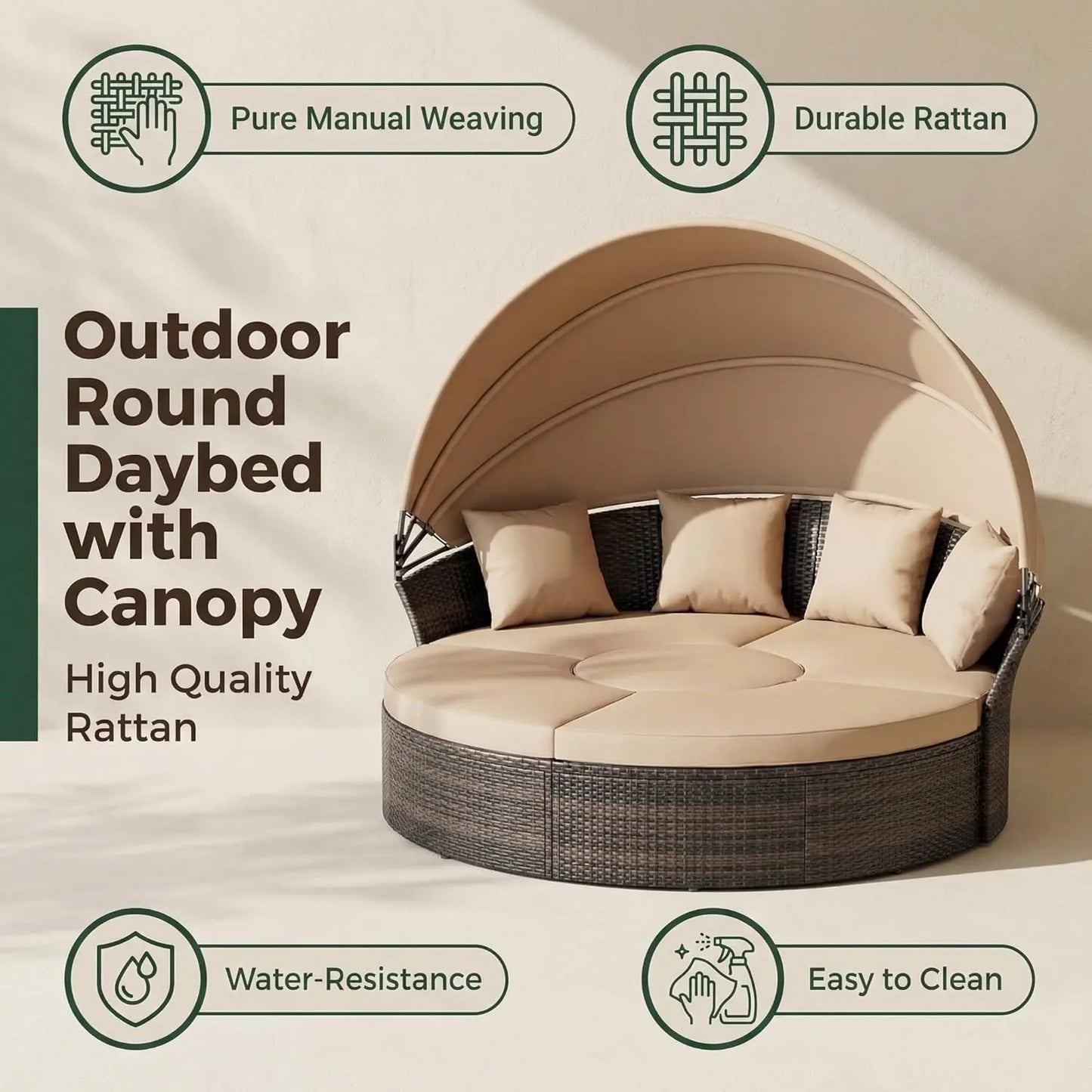 Outdoor Wicker Rattan Daybed With Retractable Canopy Five Piece Set