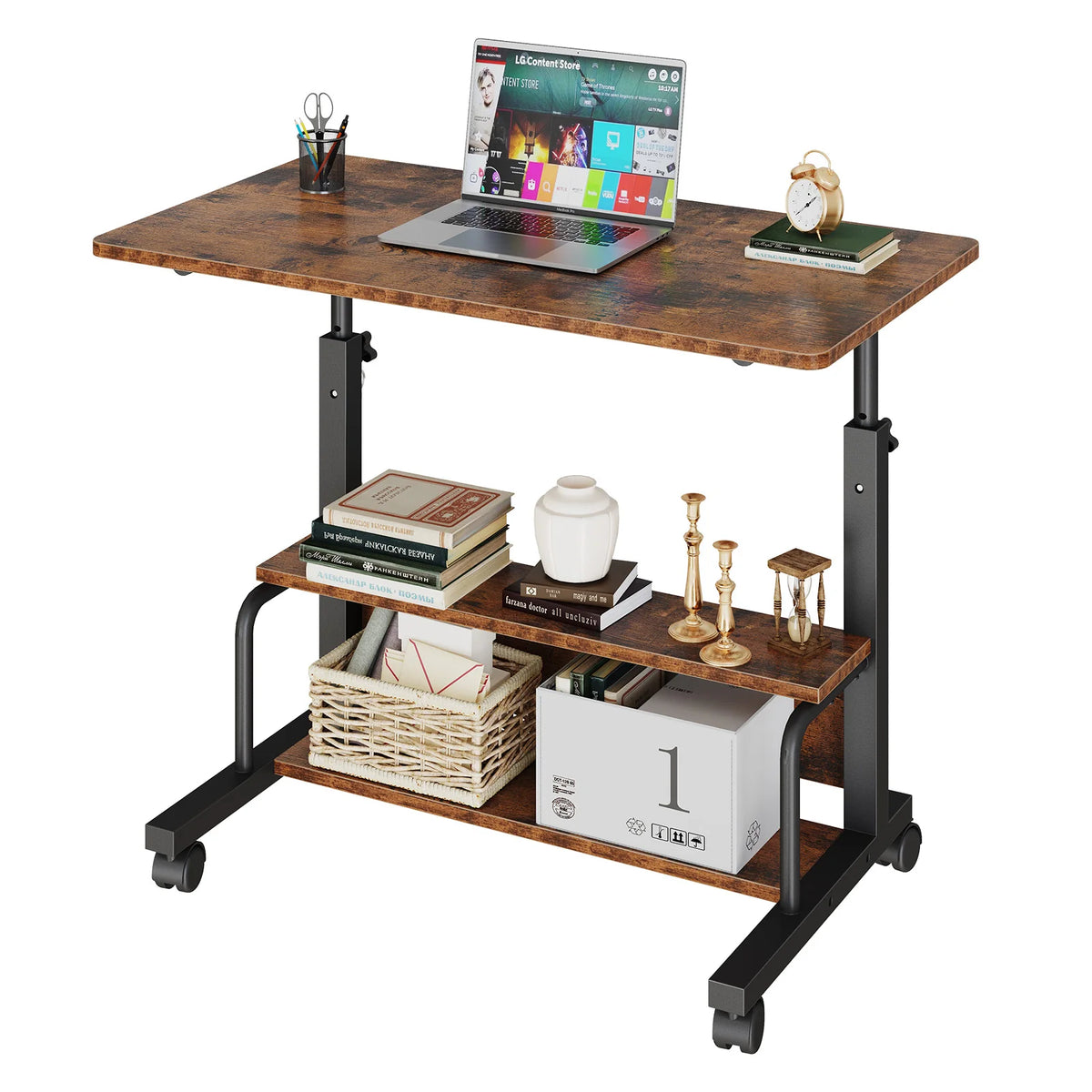 JHK Adjustable Height Mobile Standing Desk Locking Wheels Metal Frame