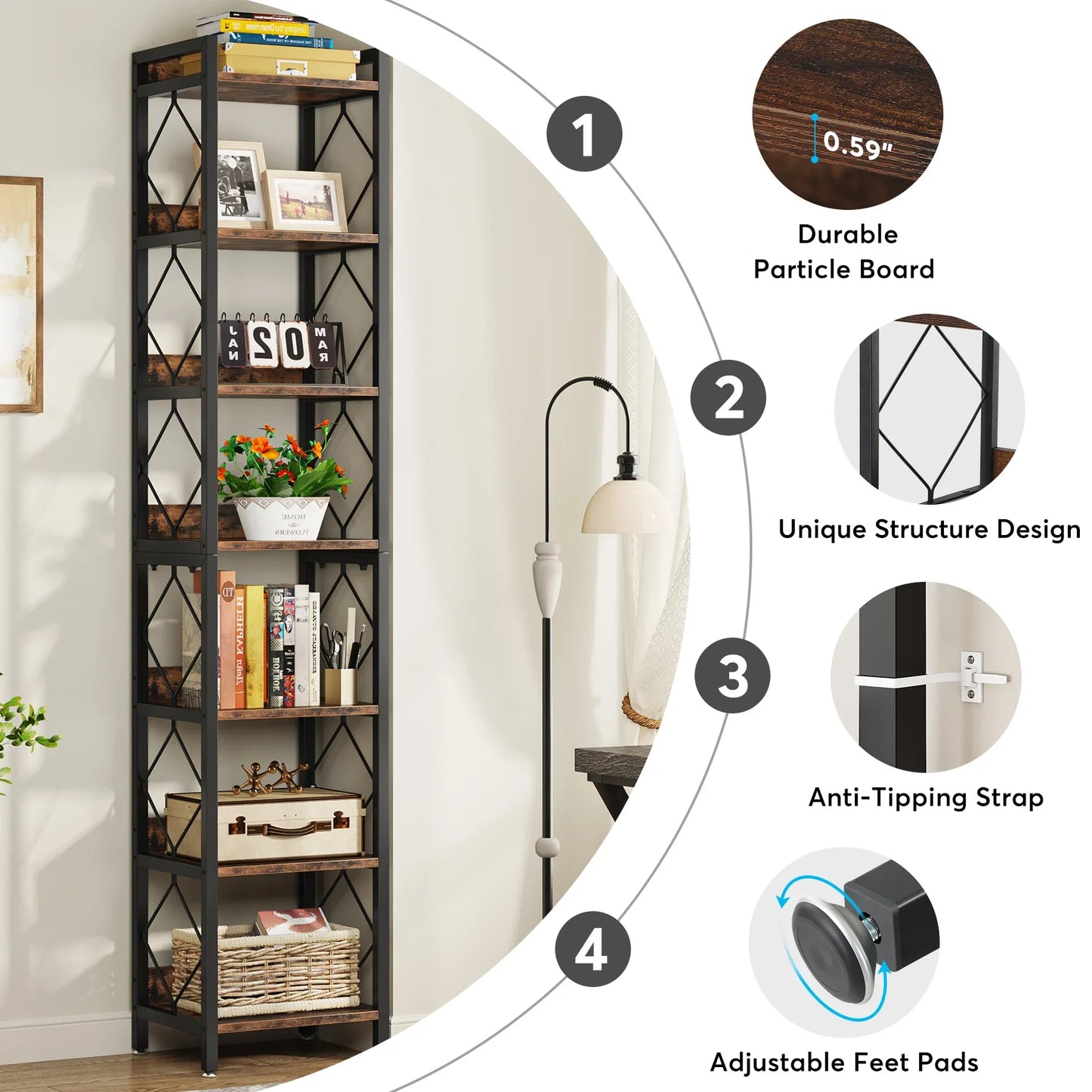 Tribesigns 7 Tier Tall Narrow Wood Bookshelf Freestanding Small Spaces