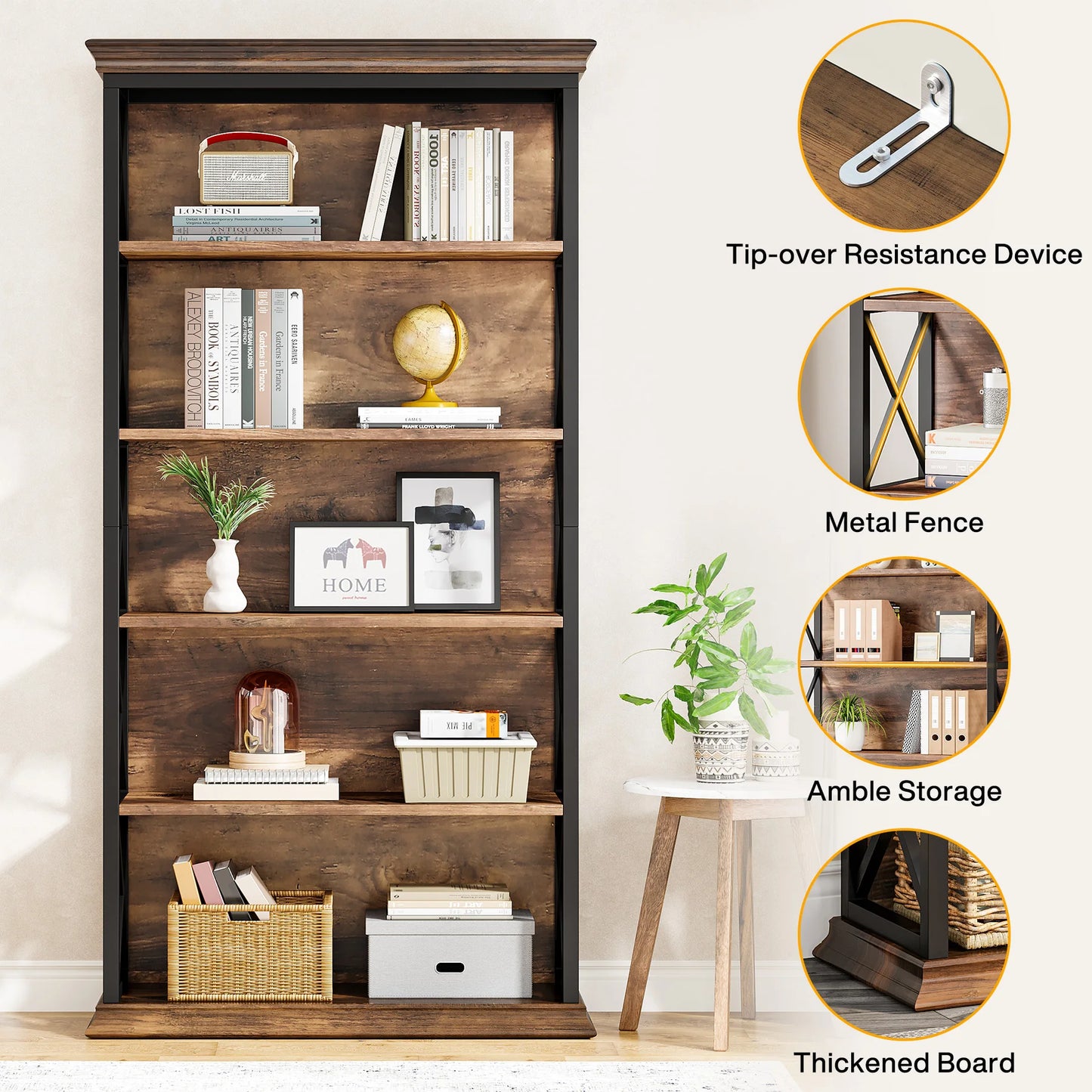 Tribesigns Industrial Wood Bookshelf Floor Standing Storage Shelves