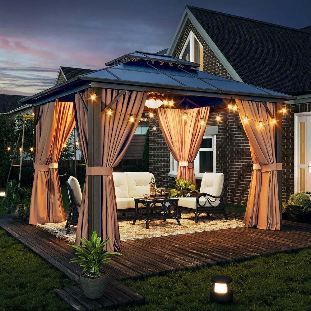 XMSJ Hardtop Gazebo With Double Roof Aluminum Frame Netting Curtains