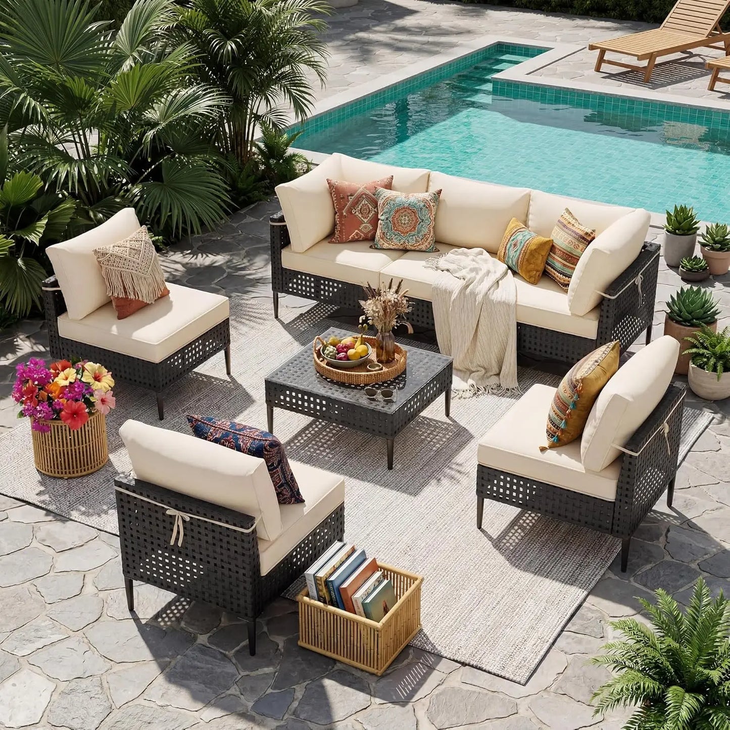 Modern Bamboo Modular Patio Sectional Sofa Set With Glass Table