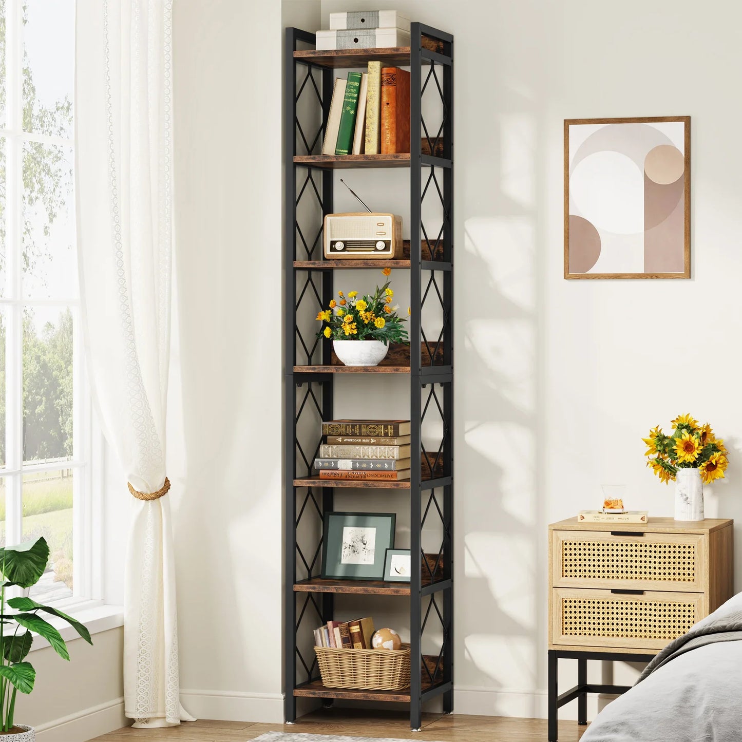 Tribesigns 7 Tier Tall Narrow Wood Bookshelf Freestanding Small Spaces