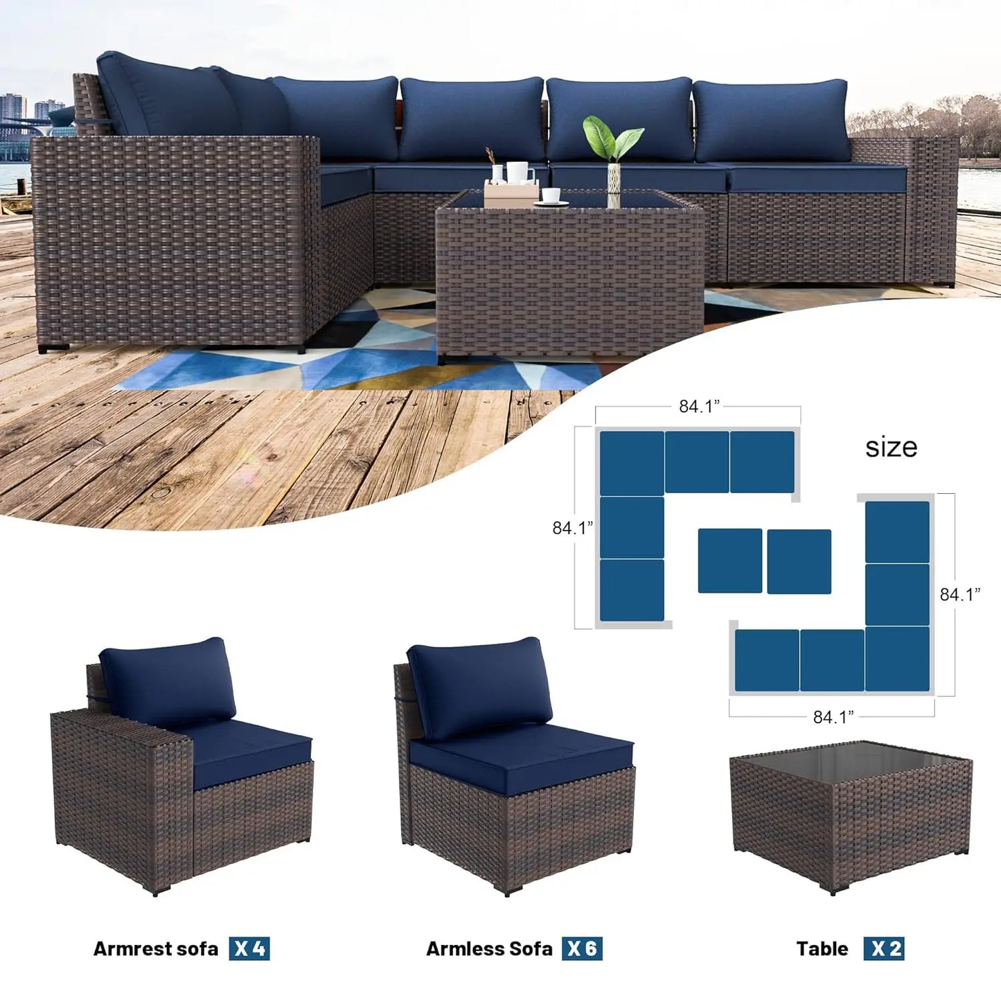 Outdoor Sectional Rattan Sofa Set Modern Garden Patio Furniture
