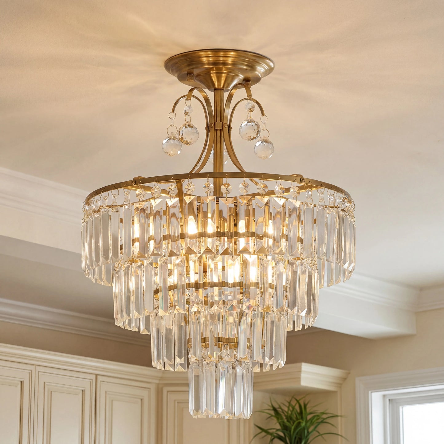 Luxury Crystal Ceiling Light Semi Flush Mount Dimmable Lighting Chandelier