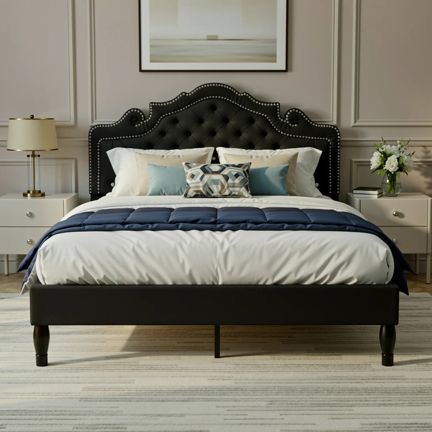 HOOMIC Velvet Bed Frame With Adjustable Tiara Headboard And Diamond Tufting