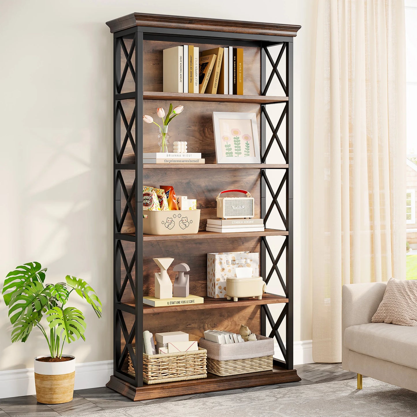 Tribesigns Industrial Wood Bookshelf Floor Standing Storage Shelves