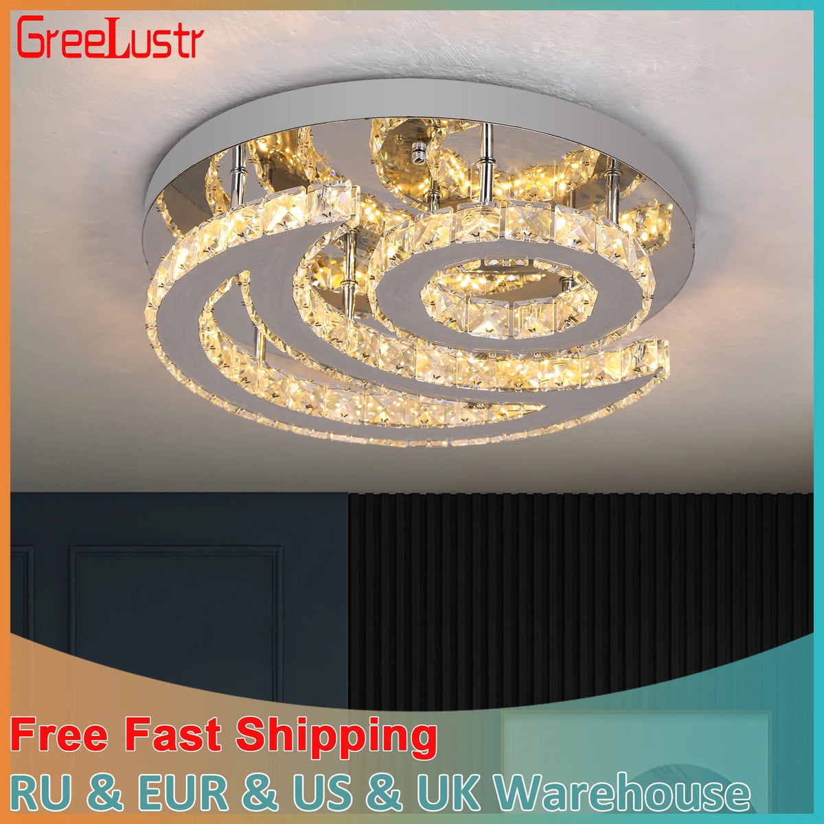 GreeLustr Crystal LED Sun Moon Ceiling Chandelier Fixture Living Room