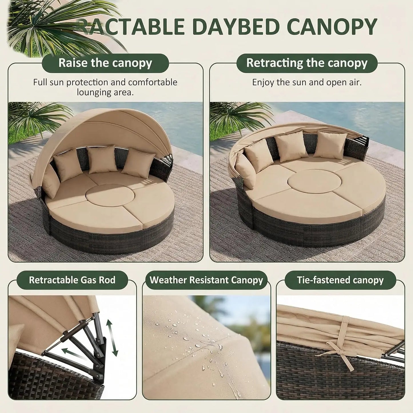 Outdoor Wicker Rattan Daybed With Retractable Canopy Five Piece Set