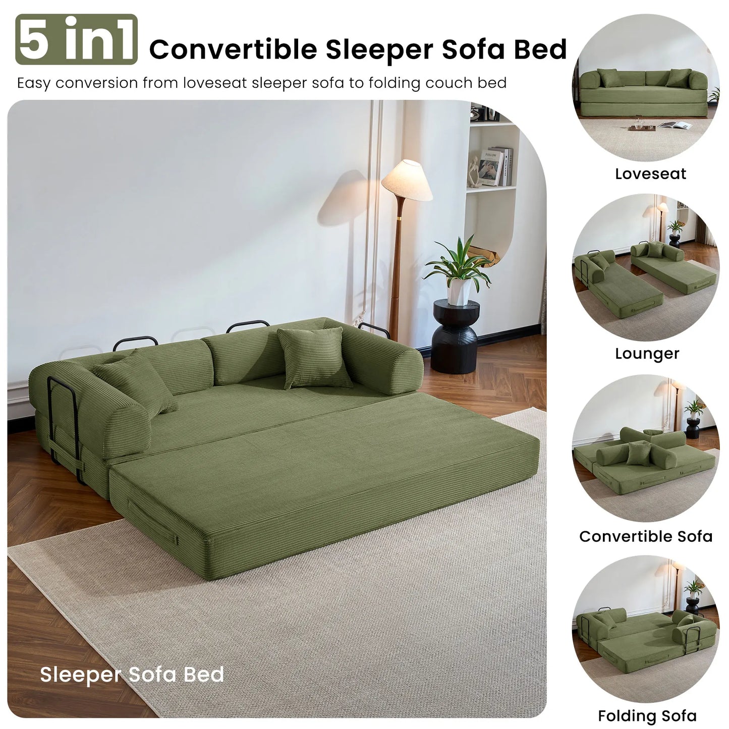 Corduroy Convertible Sofa Bed Foldable Loveseat Sleeper