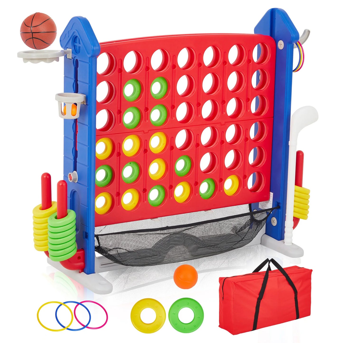 Giant 4-In-1 Connect Game Set With Basketball Hoop Ring Toss