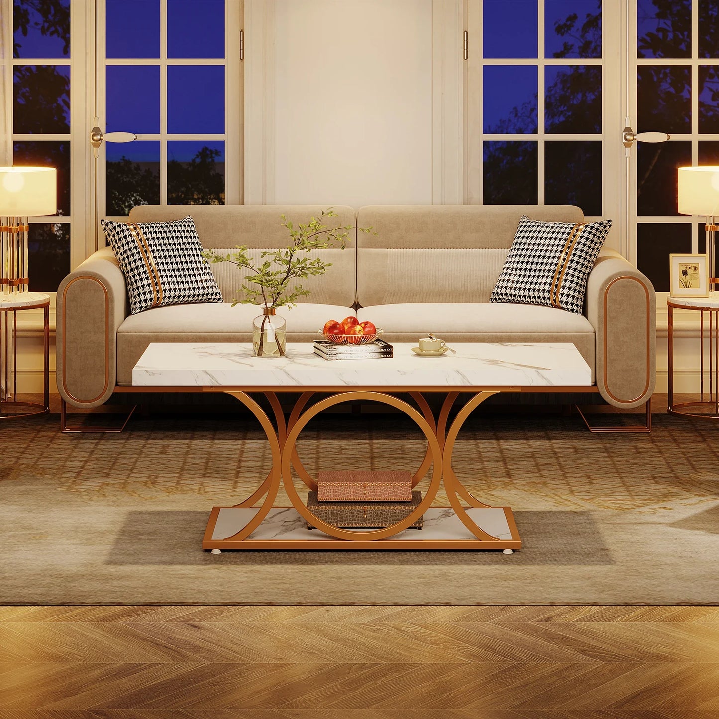 Tribesigns Rectangle Coffee Table Modern Living Room Two Tier Faux Marble Wood