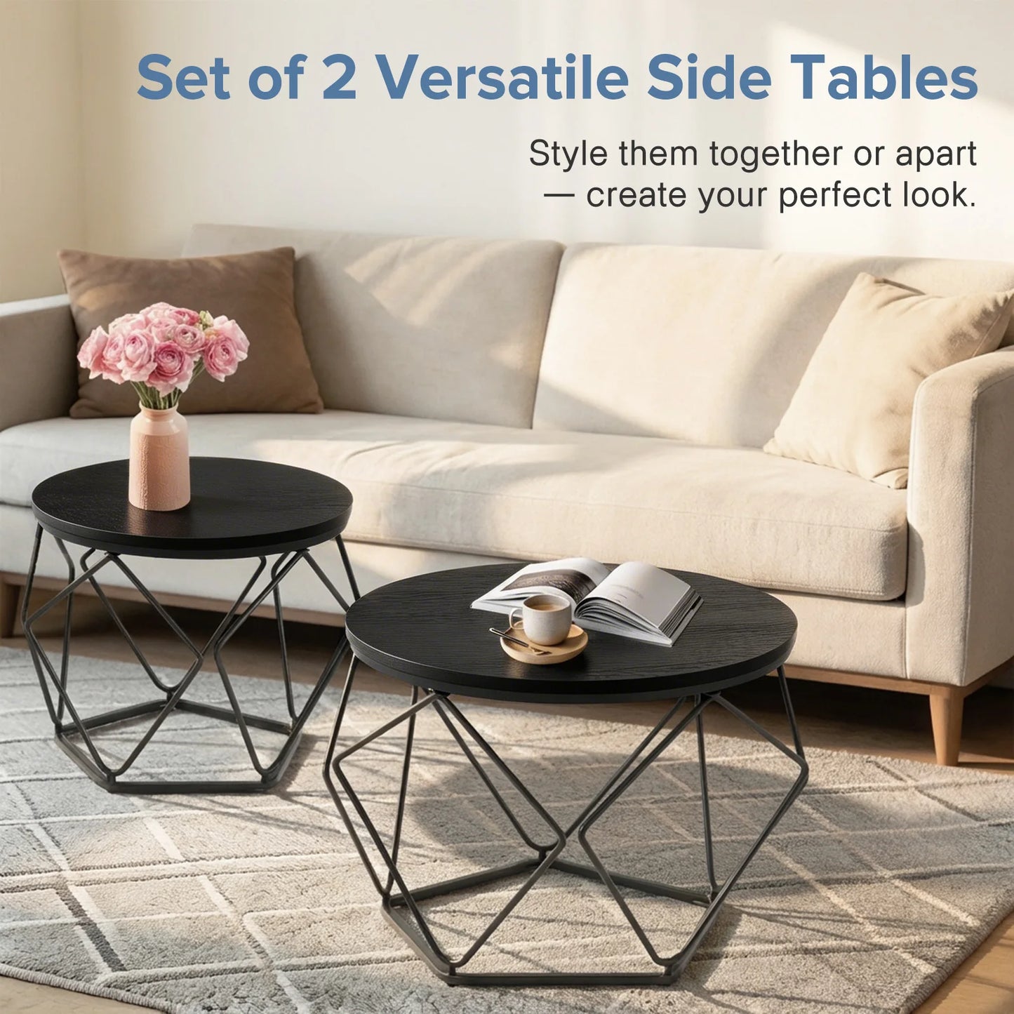 JHK Round Coffee Table Set Of 2 Nesting Hidden Storage