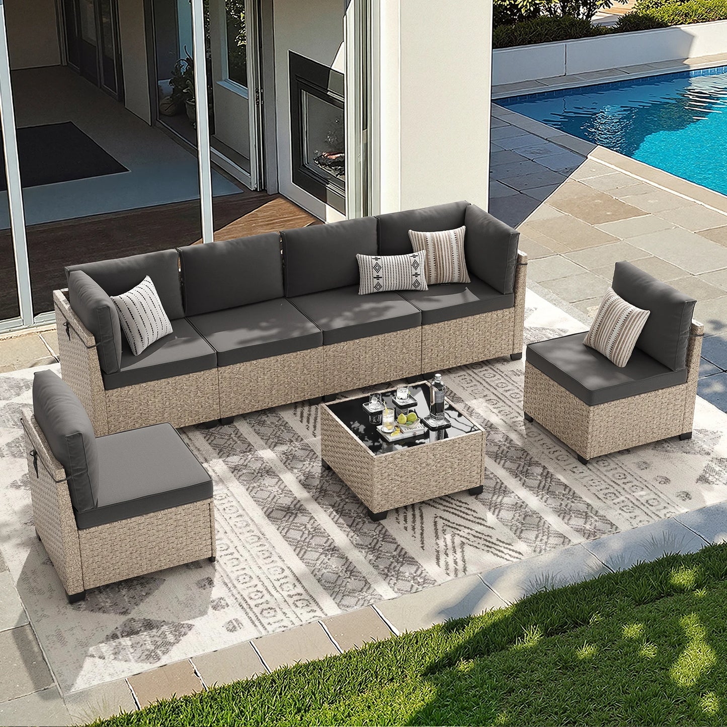 Outdoor 7 Piece Rattan Sectional Sofa With Tempered Glass Table