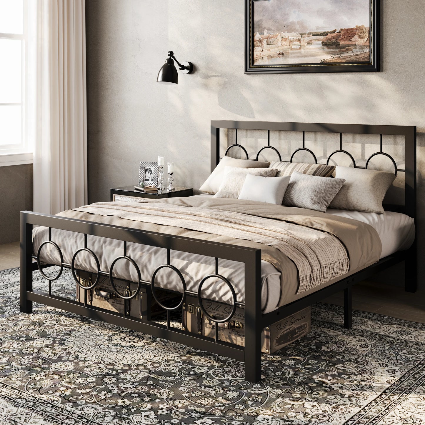 HOOMIC Metal Platform Bed Frame With Vintage Circular Headboard