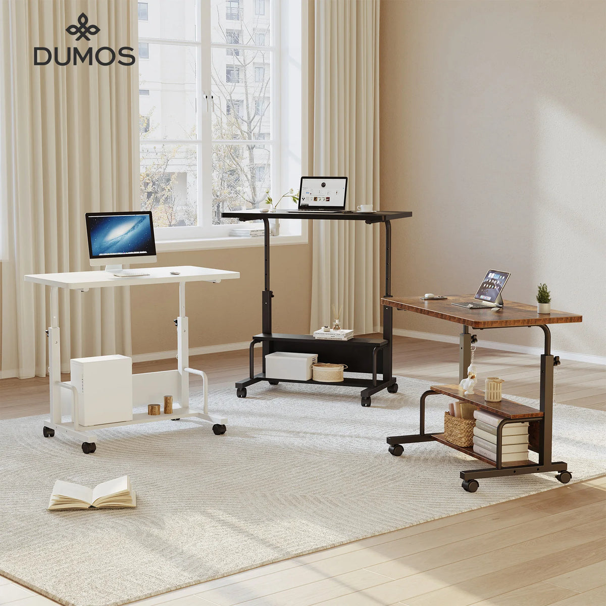 JHK Adjustable Height Mobile Standing Desk Locking Wheels Metal Frame