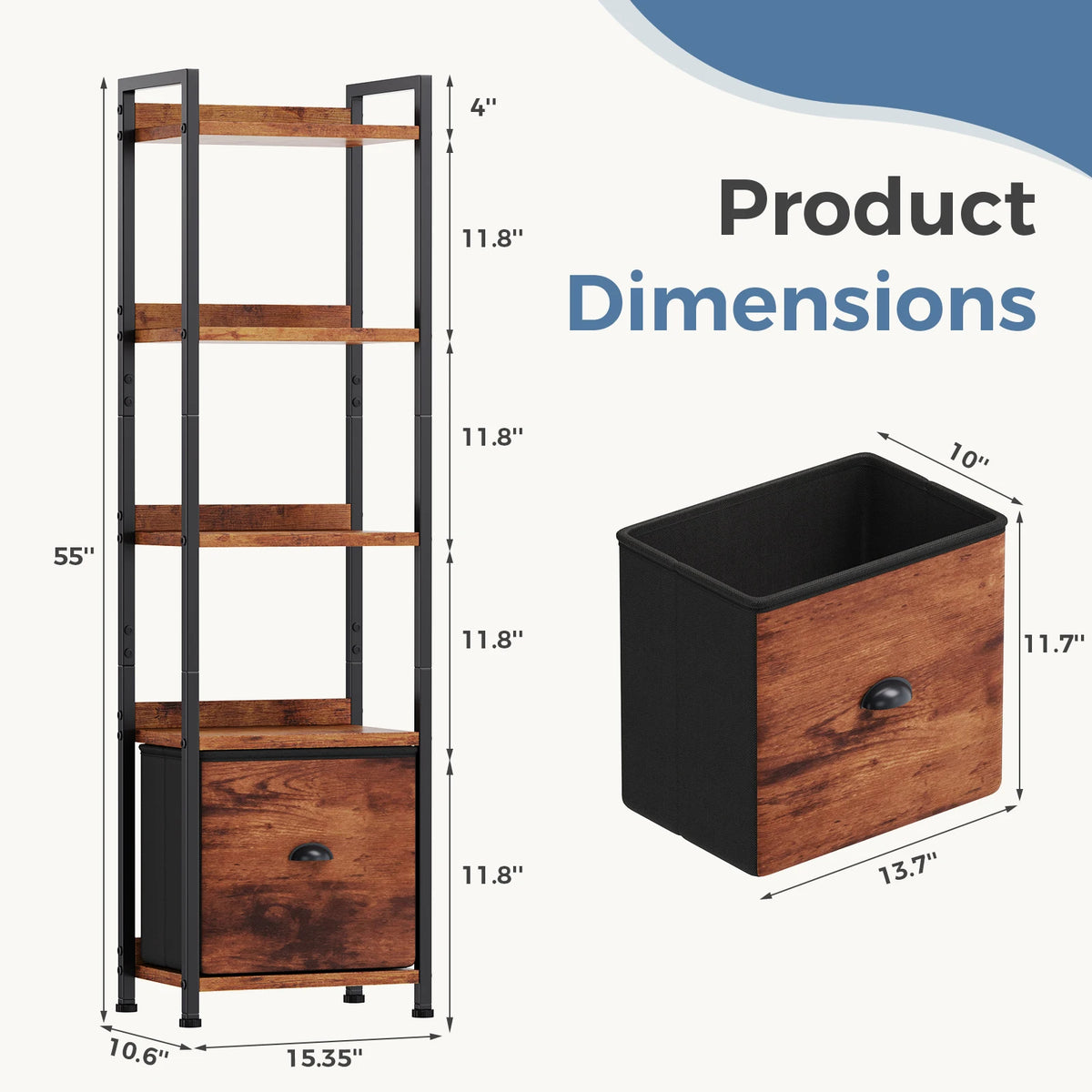JHK Modern 5 Tier Wood Bookshelf Storage Organizer Fabric Drawer