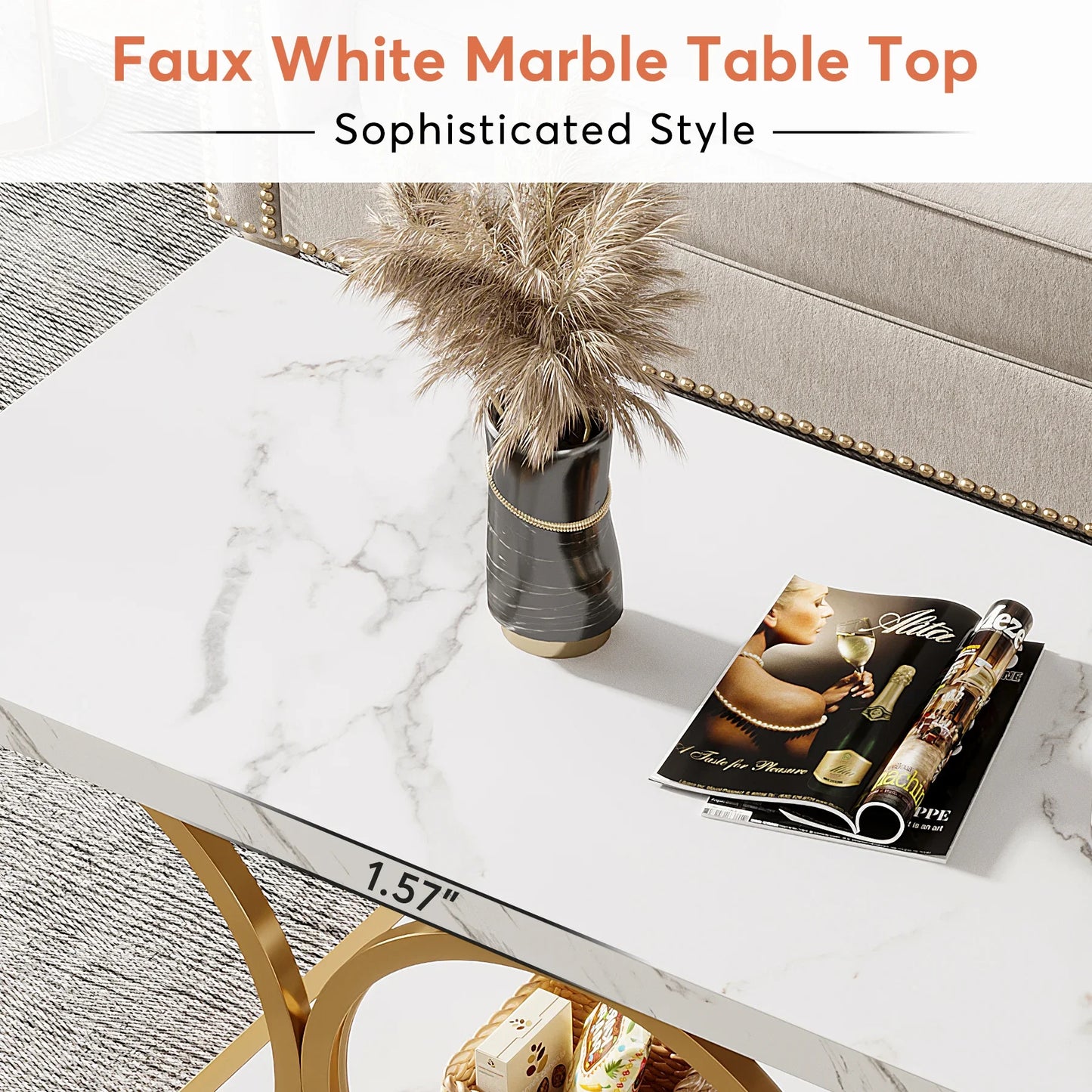 Tribesigns Rectangle Coffee Table Modern Living Room Two Tier Faux Marble Wood