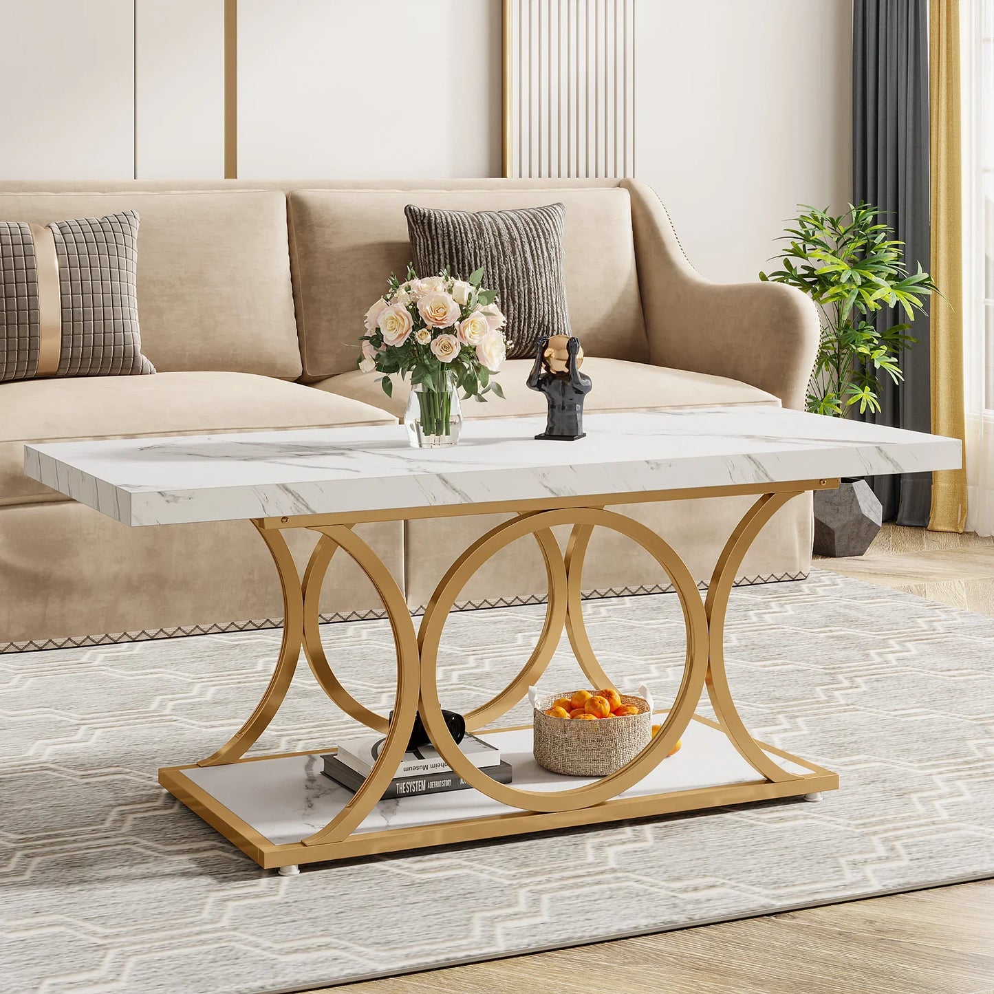 Tribesigns Rectangle Coffee Table Modern Living Room Two Tier Faux Marble Wood