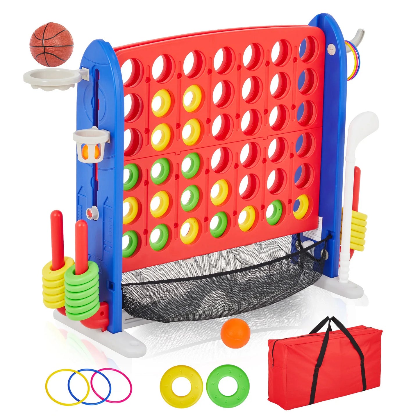 Giant 4-In-1 Connect Game Set With Basketball Hoop Ring Toss