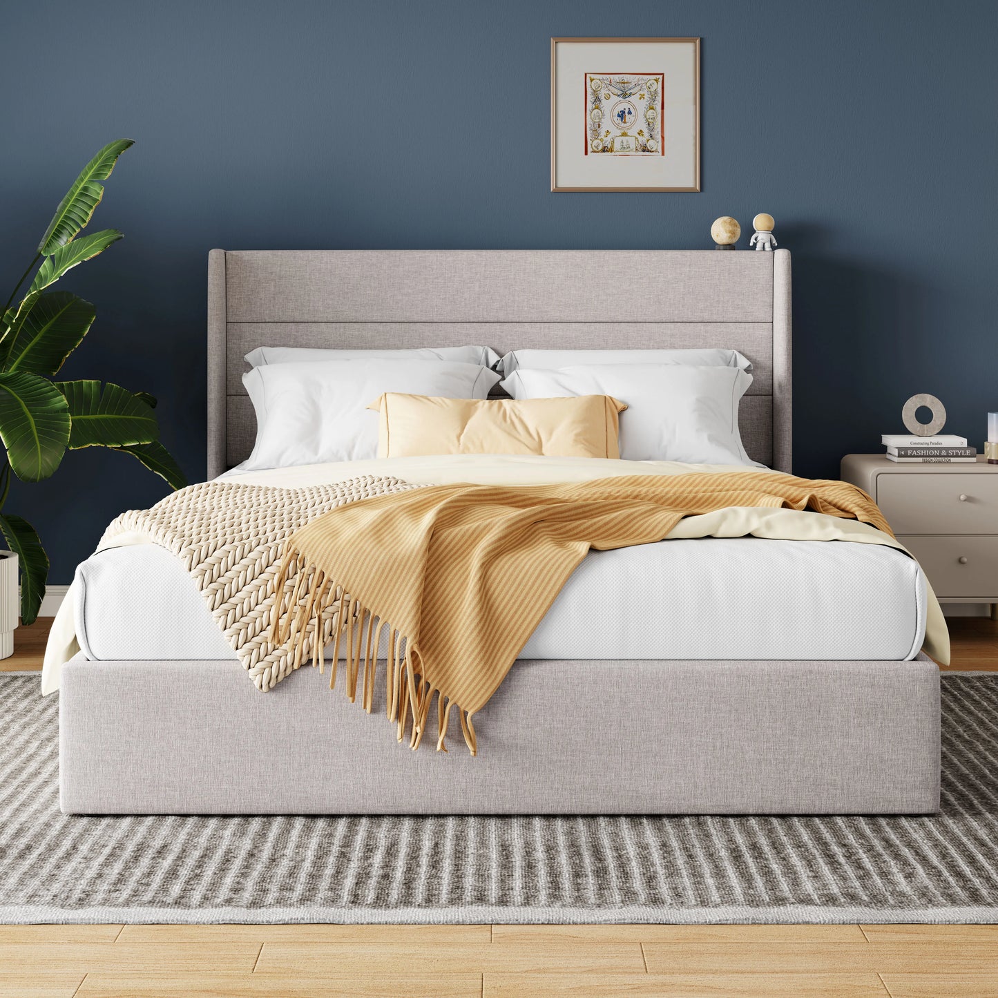 HOOMIC Lift Up Storage Bed With Wingback Headboard Underbed Storage