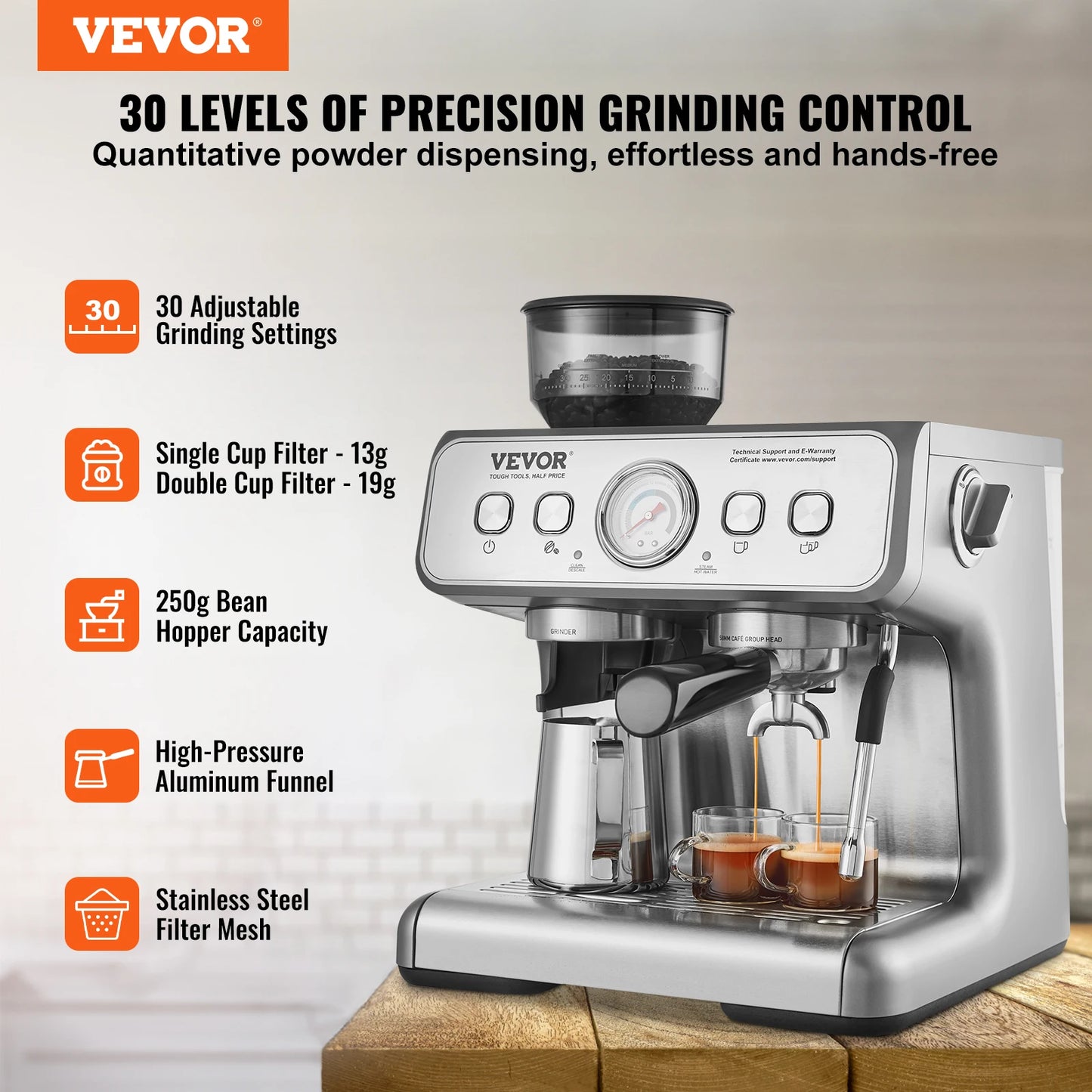 Vevor Semi Automatic Espresso Machine Grinder 15 Bar Milk Frother
