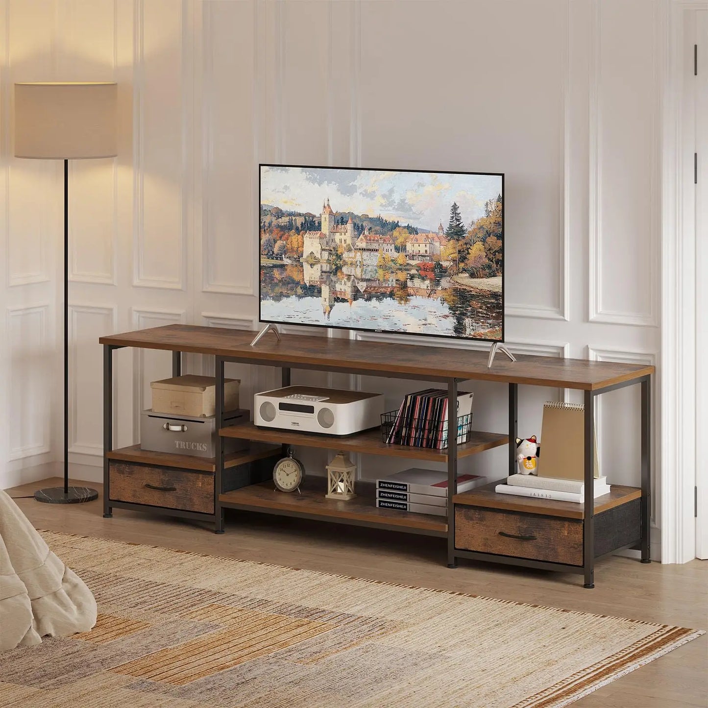 JHK Wooden TV Stand Entertainment Center Media Console Adjustable Shelf