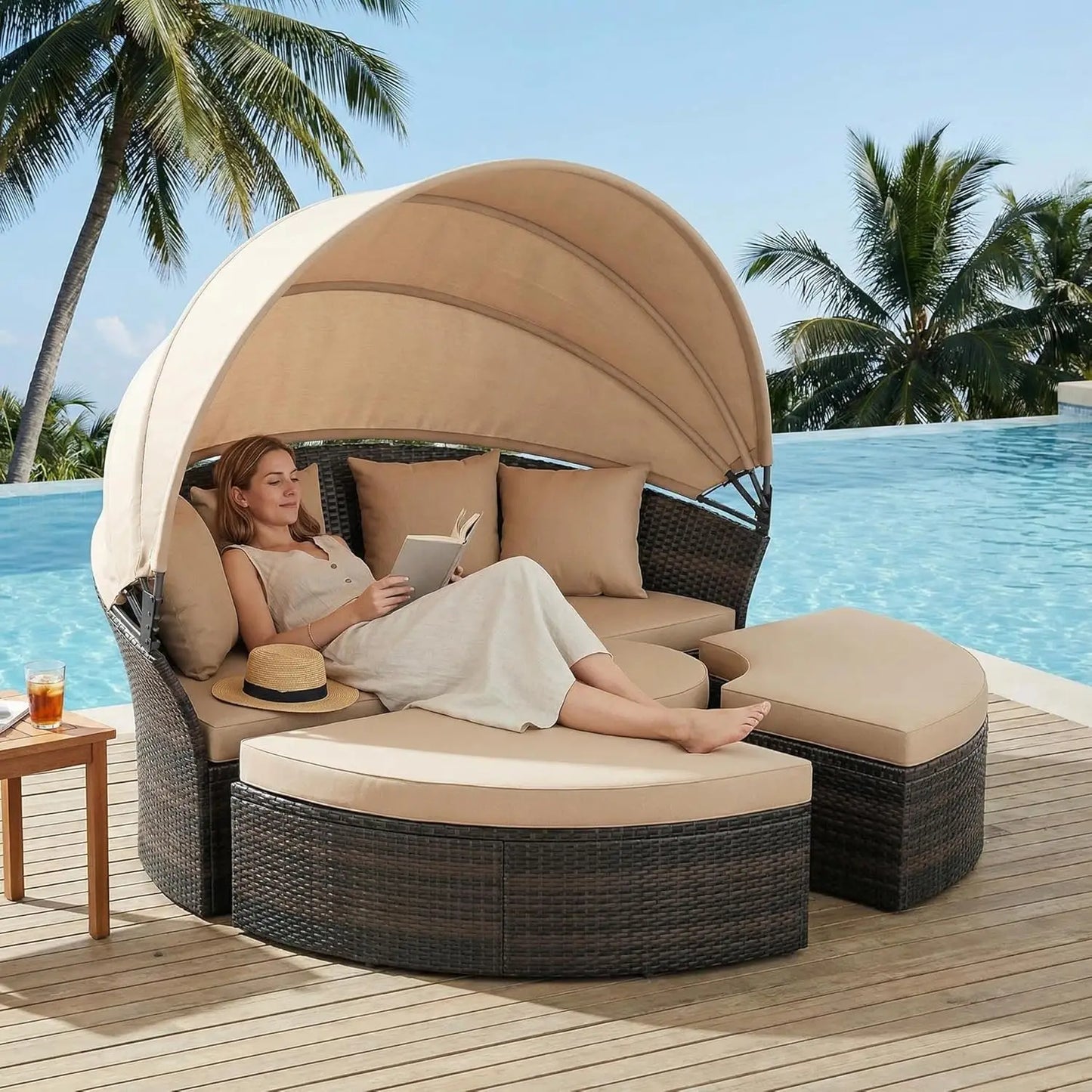 Outdoor Wicker Rattan Daybed With Retractable Canopy Five Piece Set